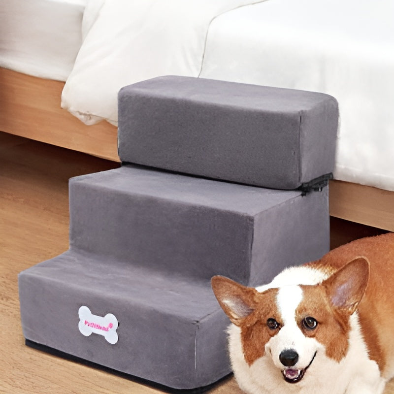 Escalier-pour-chien-en-velours-gris