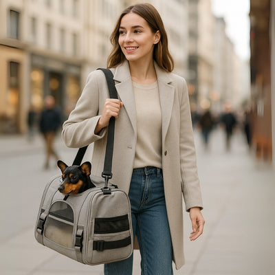 Sac de transport pour chien, idéal pour les promenades en ville, avec aération, intérieur douillet, bretelles rembourrées et design élégant pour un confort optimal lors des déplacements urbains.