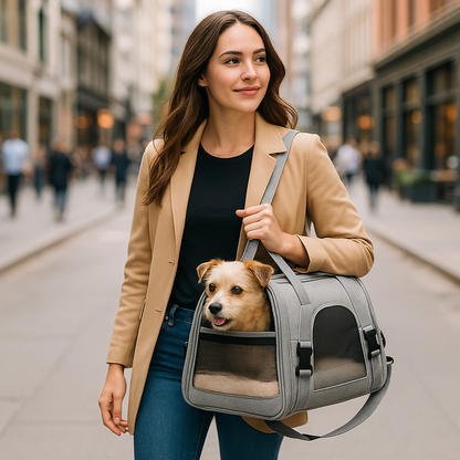 Sac de transport pour chien, idéal pour les promenades en ville, avec aération, intérieur douillet, bretelles rembourrées et design élégant pour un confort optimal lors des déplacements urbains.